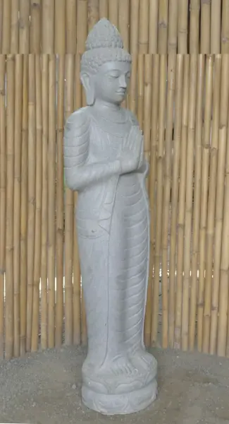 Product image 6 of the product “Standing Buddha made of Riverstone, position Namaskara , H. 185cm. There is a stone eye on the right thight. ”